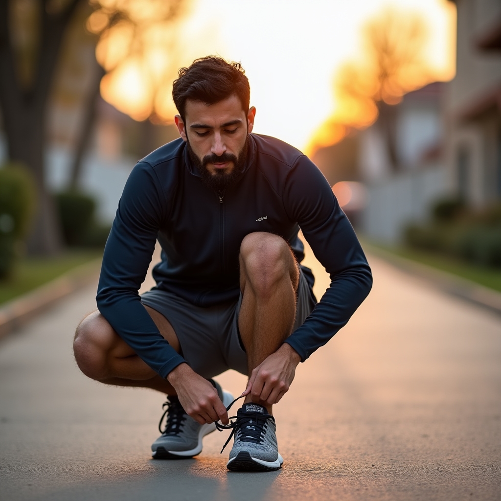 Person tying running shoes before a morning jog in a residential neighborhood