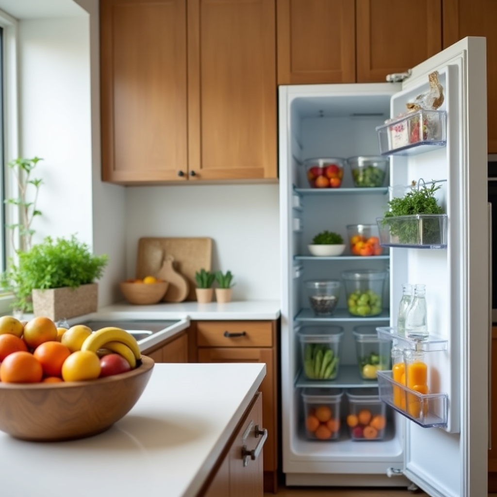 Well-organized kitchen with fresh fruits on counter and vegetables visible in open refrigerator
