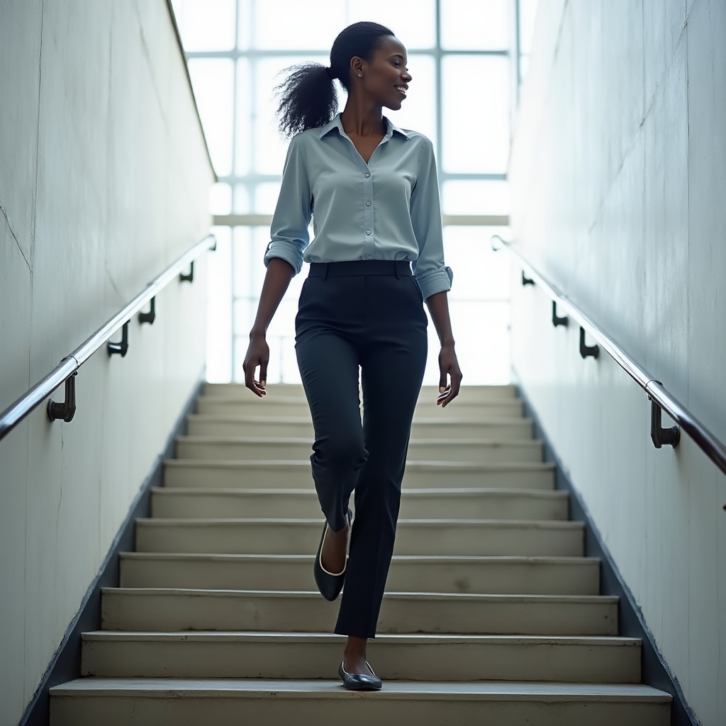 Person choosing stairs over escalator in a modern building interior